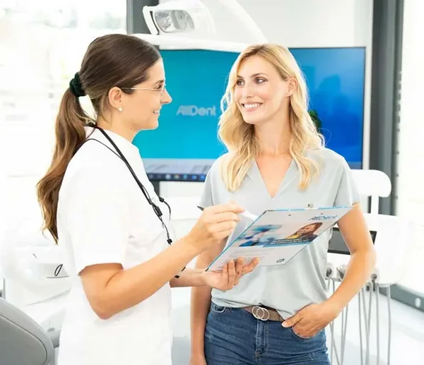 Zahn&auml;rztin im wei&szlig;en Kittel spricht l&auml;chelnd mit einer Patientin und zeigt ihr Informationen auf einem Klemmbrett, im Hintergrund moderne Zahnarztpraxis