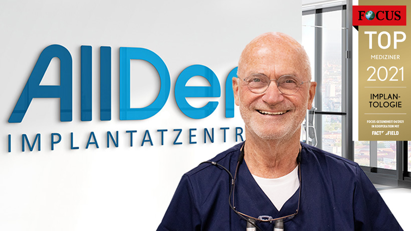 Wolfgang Bolz neben Logo AllDent Implantatzentrum, rechts ein Focus-Siegel eingeblendet